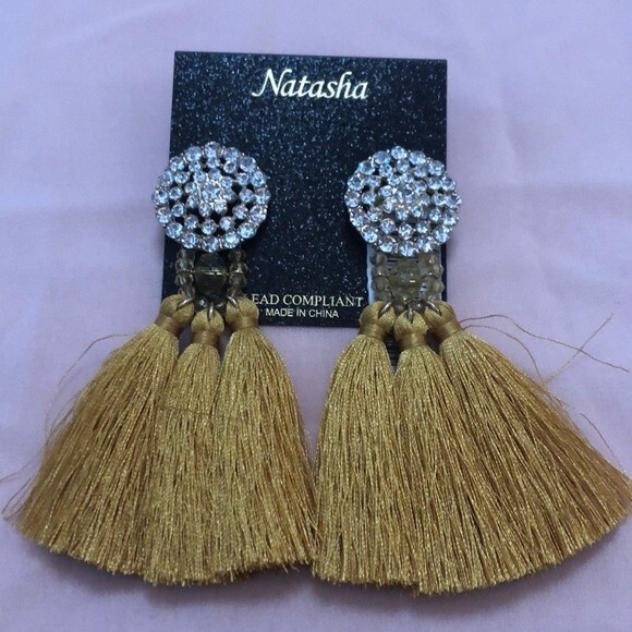 Natasha NWT Rhinestone Triple Fringe Tassel Pierced Earrings - Picture 1 of 1